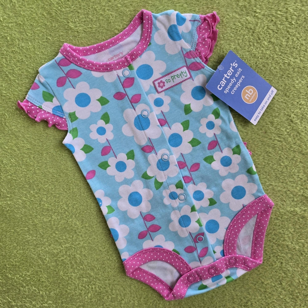 NWT  NEWBORN Baby GIRL CREEPER Blue + Pink Floral ROMPER + RUFFLES on BUM (Q1)